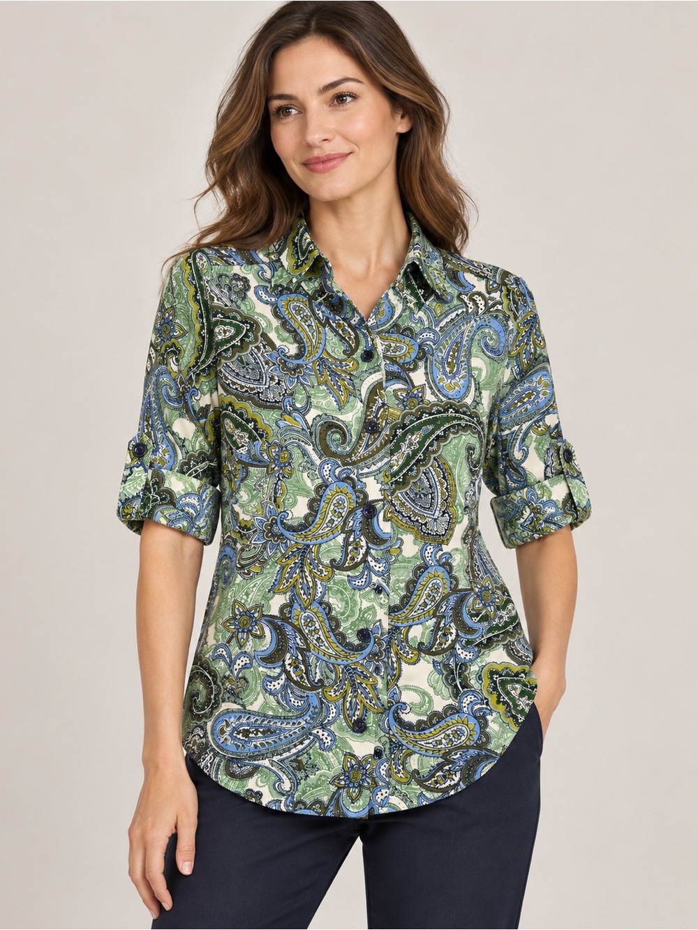 Susan Graver Printed Feather Weave Button Front Shirt A266798 Size 6